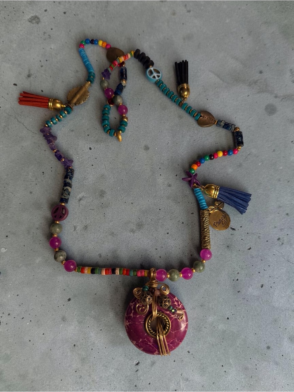 Colorful Boho Pink Stone Pendant Necklace with Tassels